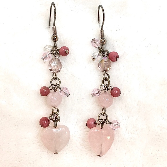 Pink & Mauve Dangle Earrings with Quartz Hearts - Picture 3 of 6